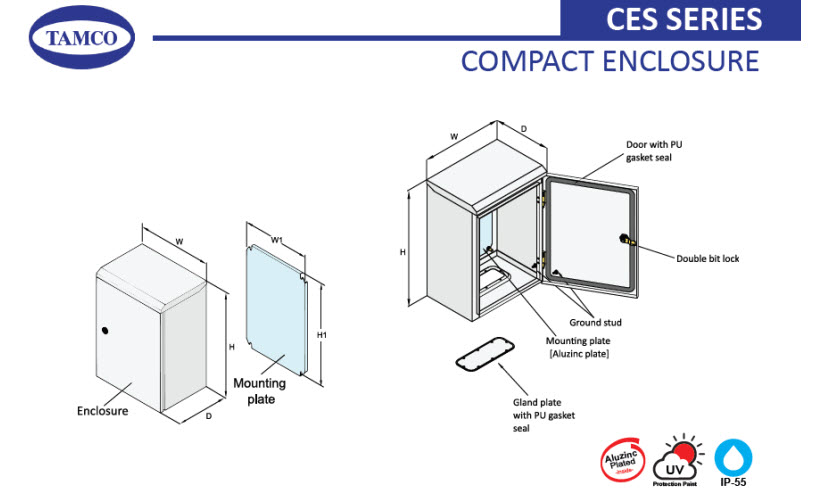 ตู้มาตรฐานรุ่นใหม่ CES มีหลังคาที่สามารถกันน้ำ และฝุ่นได้ถึง IP-55 เหมาะสำหรับงานติดตั้ง งานกลางแจ้ง และงานภายในอาคาร ตัวตู้พ่นสี Polyester ที่สามารถกันแสง UV ได้ มาพร้อมกับแผ่นเพลทเคลือบสังกะสี